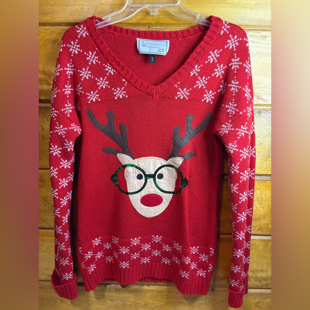 Christmas Derek Heart Red V-Neck Sweater sequin Glasses Rudolph Reindeer Large